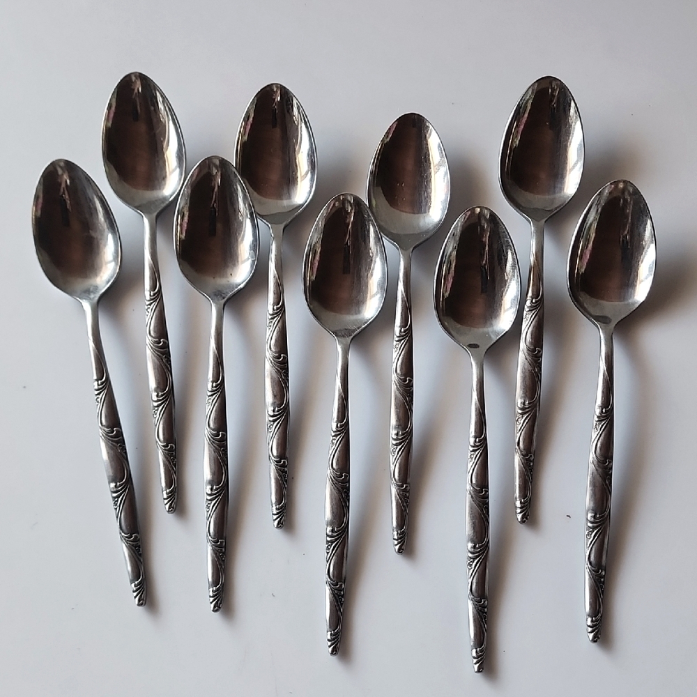 Set of 9, Orleans Silver Stainless Teaspoons with Decorative Handles. Japan